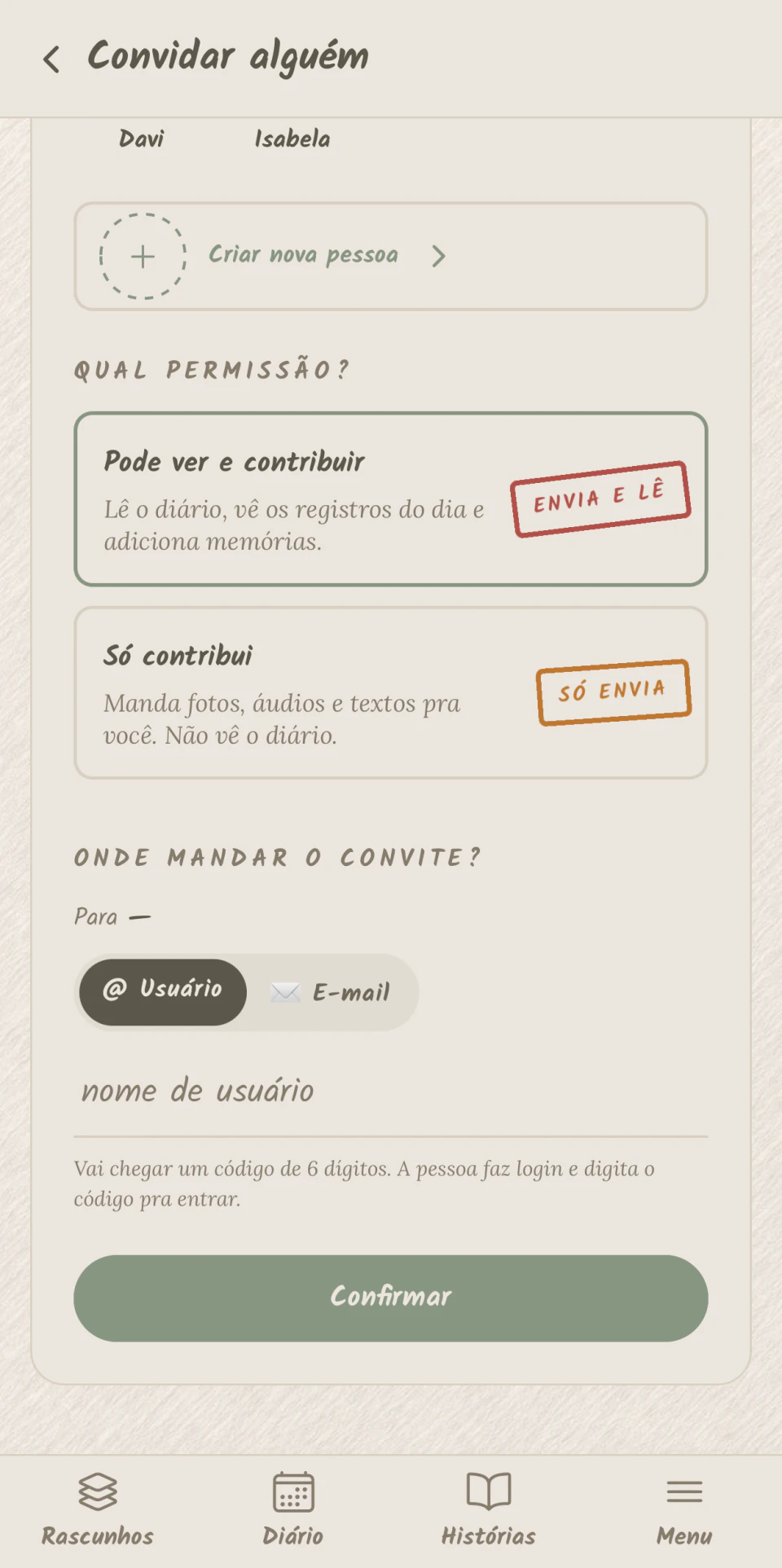 The Memmor screen for inviting someone and choosing what they can do
