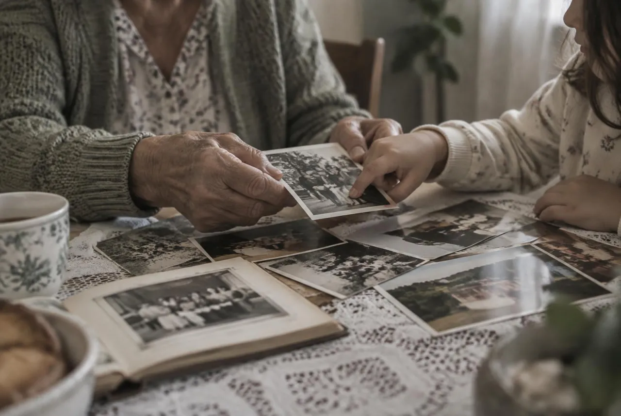 The hands of a grandmother and a child looking through old photographs
