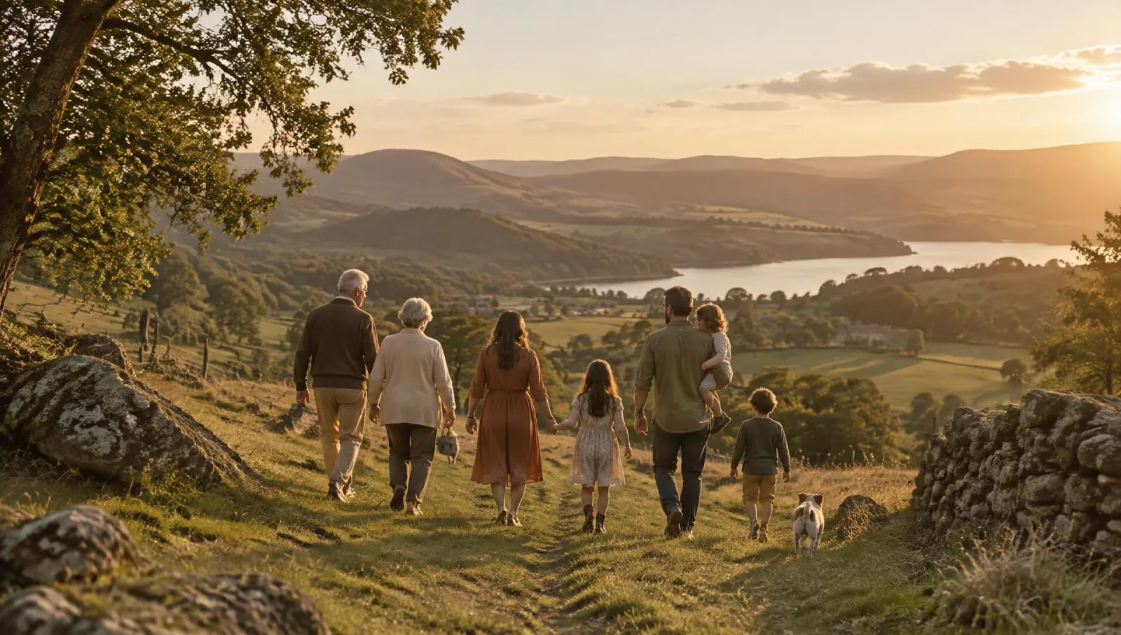 A family of several generations walking together at sunset